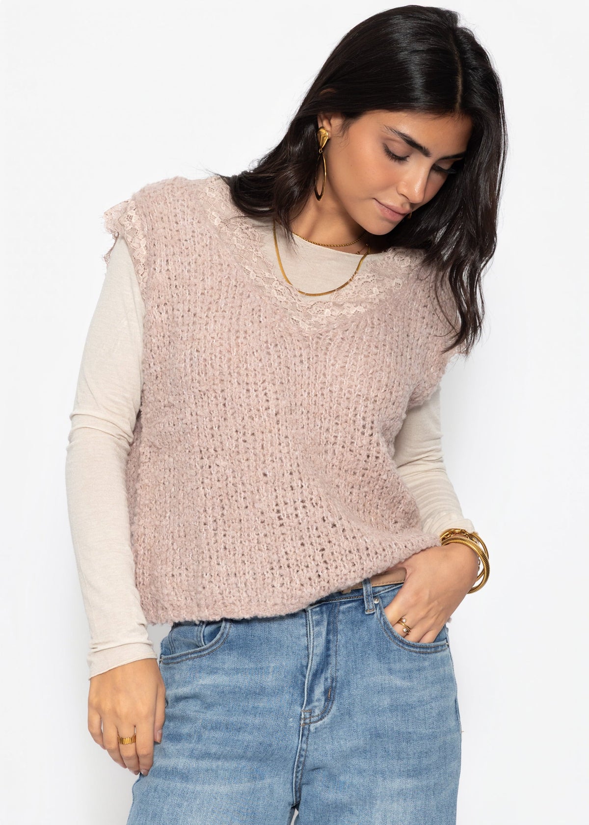 Top Bouclé avec Dentelle - vieux rose