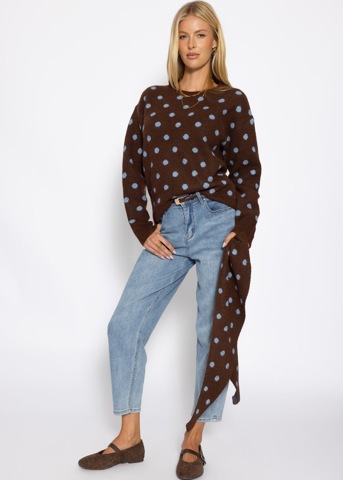 Pull à pois avec écharpe - marron