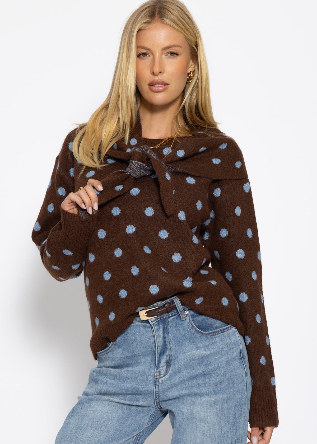 Pull à pois avec écharpe - marron