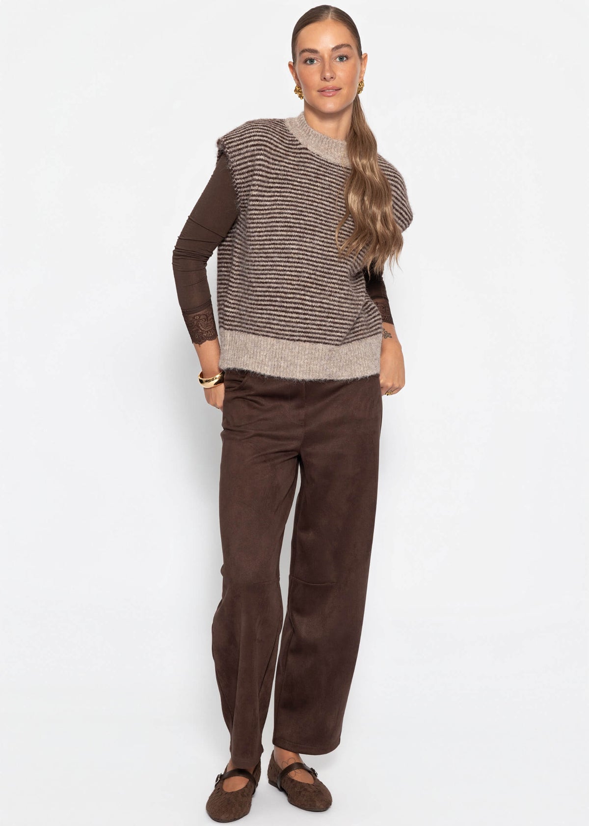 Gilet rayé avec col montant - marron-beige