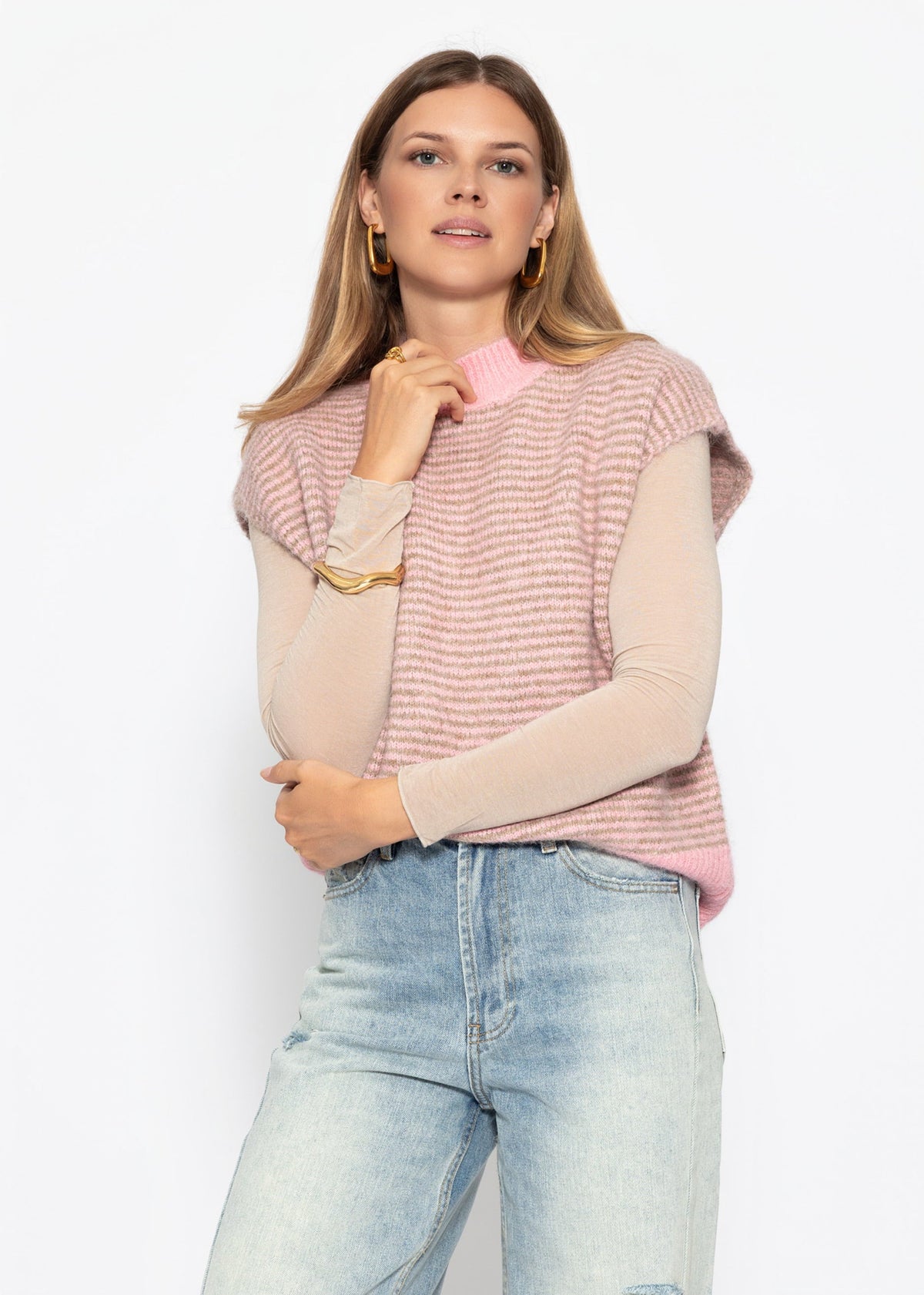 Pullunder rayé avec col montant - rose-taupe