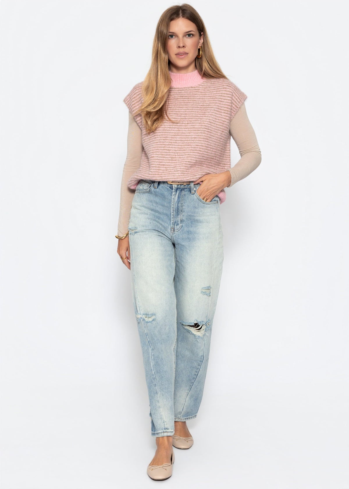 Pullunder rayé avec col montant - rose-taupe