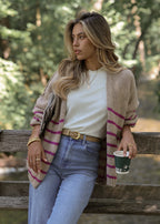 Cardigan rayé avec coutures extérieures - beige-berry
