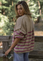 Cardigan rayé avec coutures extérieures - beige-berry