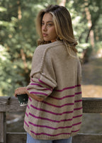 Cardigan rayé avec coutures extérieures - beige-berry