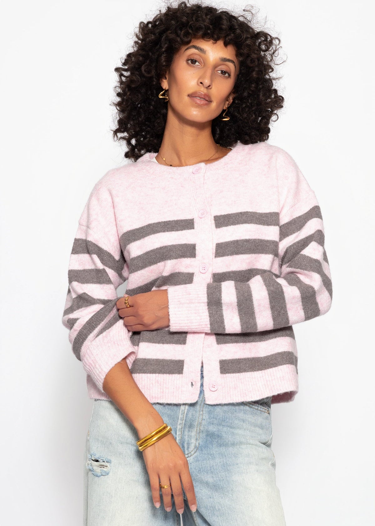 Cardigan rayé avec empiècement - rose