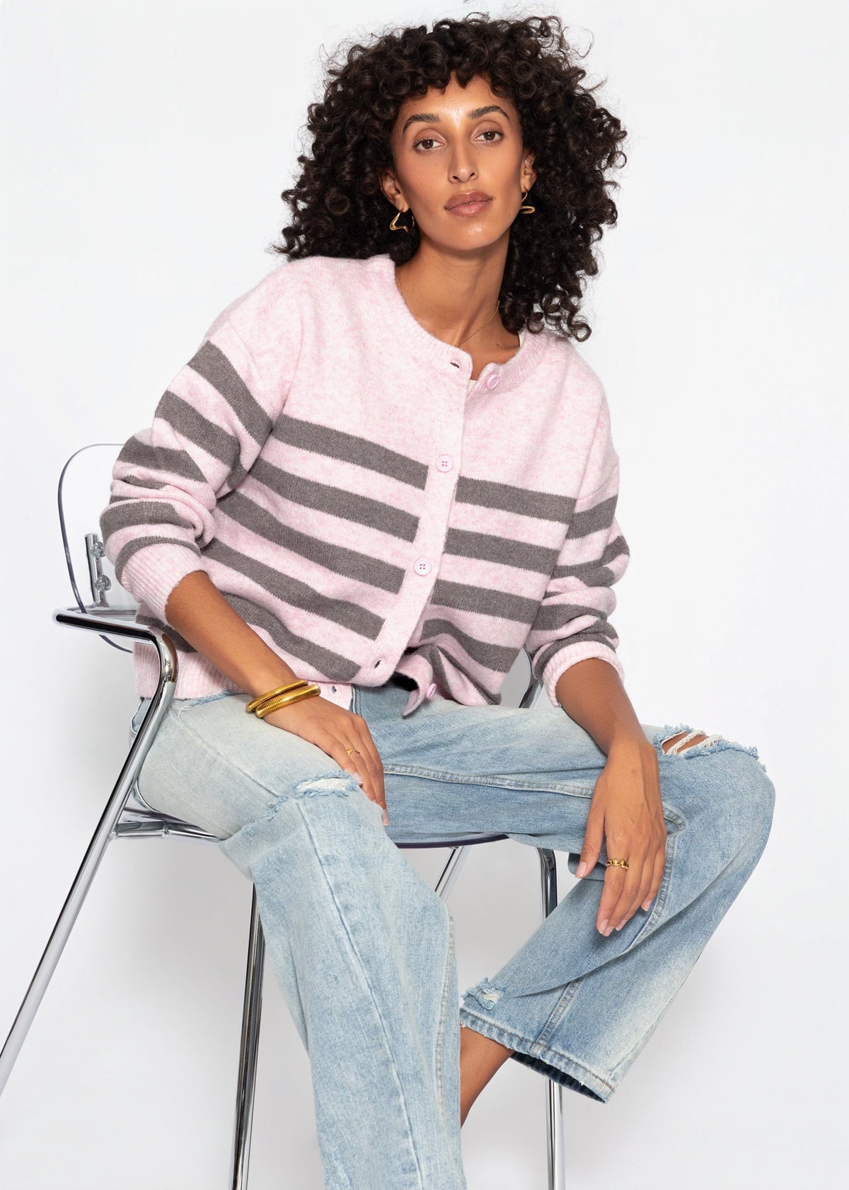 Cardigan rayé avec empiècement - rose