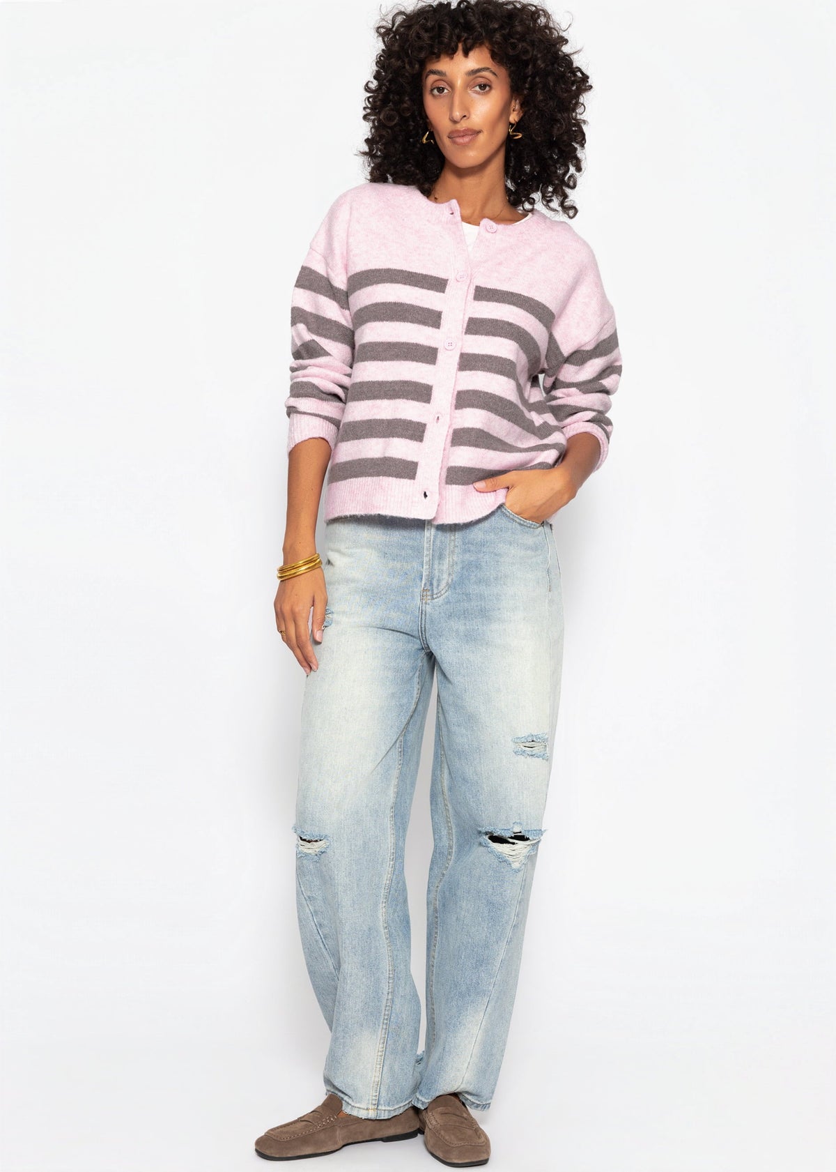 Cardigan rayé avec empiècement - rose