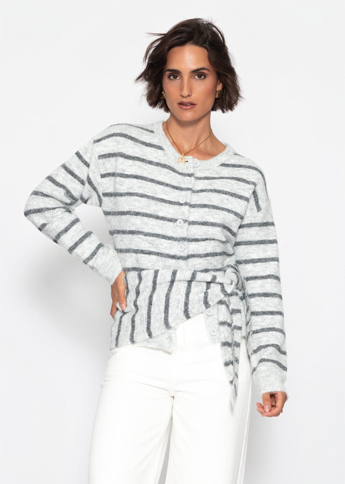 Cardigan rayé avec écharpe - gris