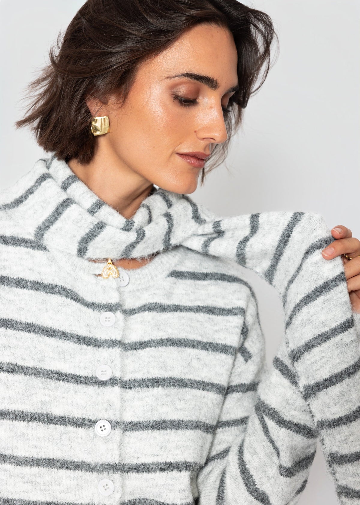 Cardigan rayé avec écharpe - gris