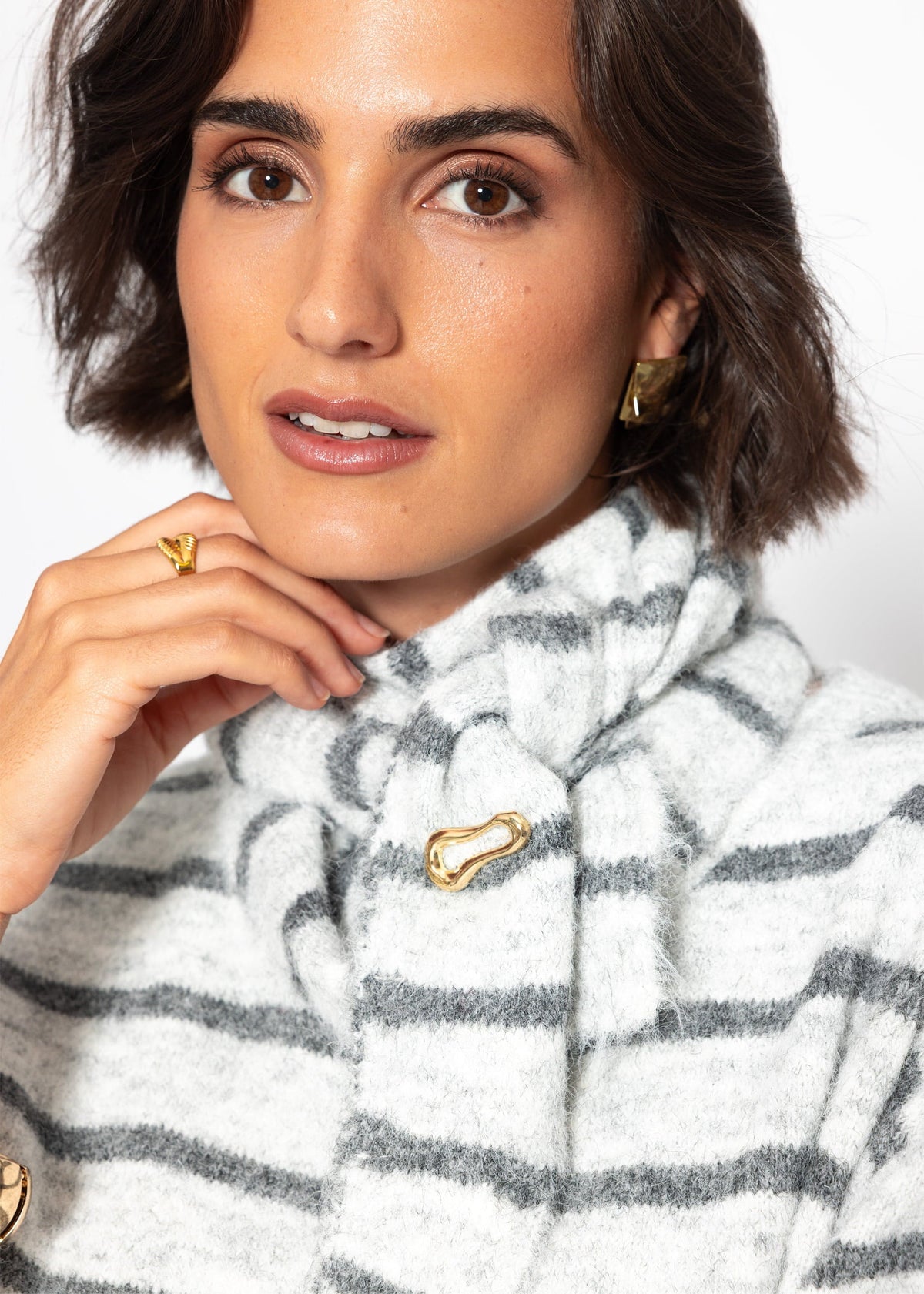 Cardigan rayé avec écharpe - gris
