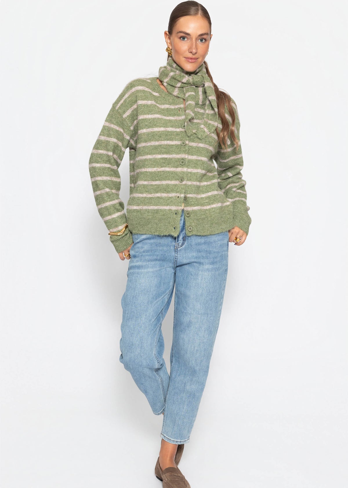 Cardigan rayé avec écharpe - kaki