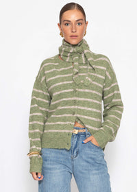 Cardigan rayé avec écharpe - kaki