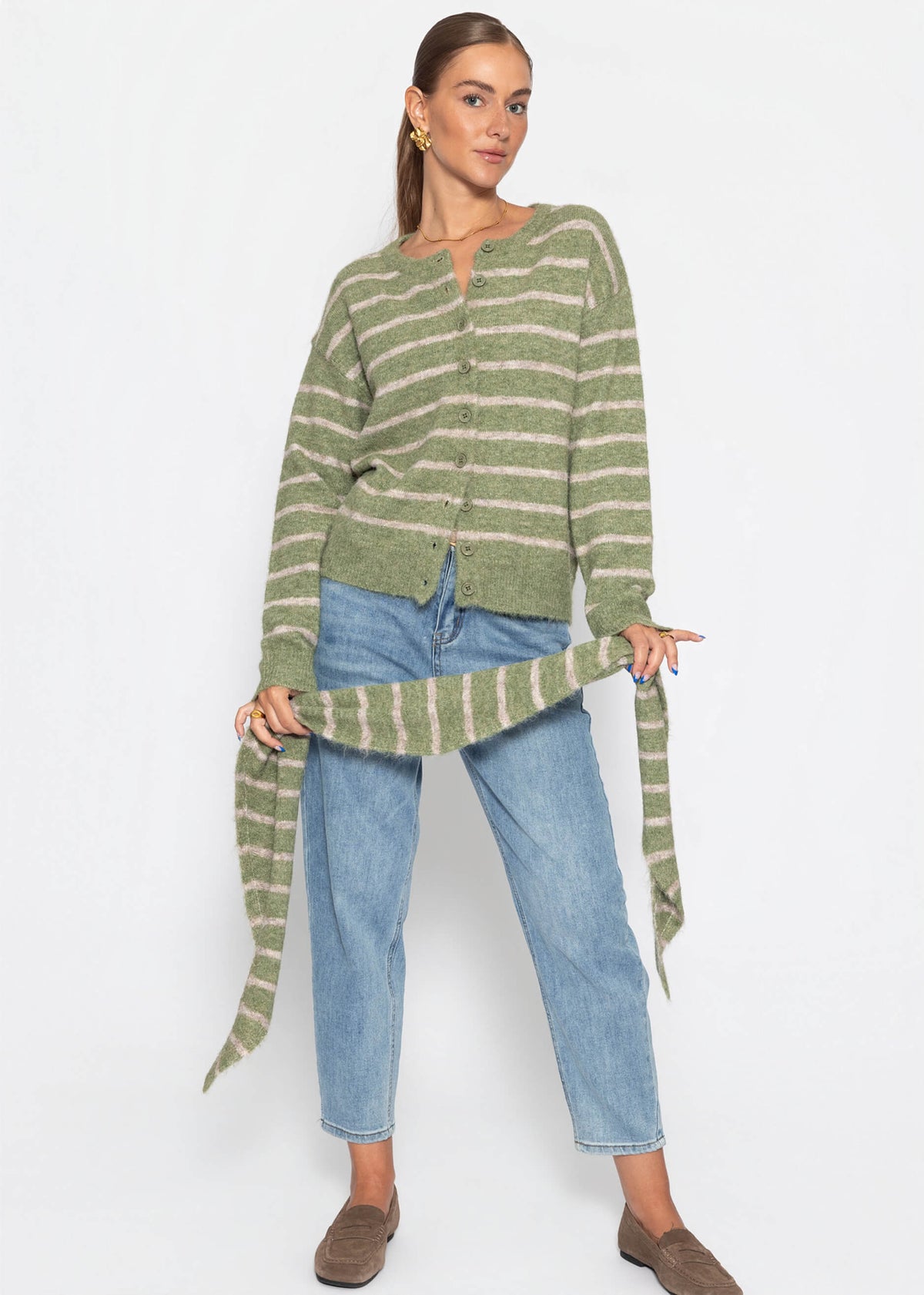 Cardigan rayé avec écharpe - kaki