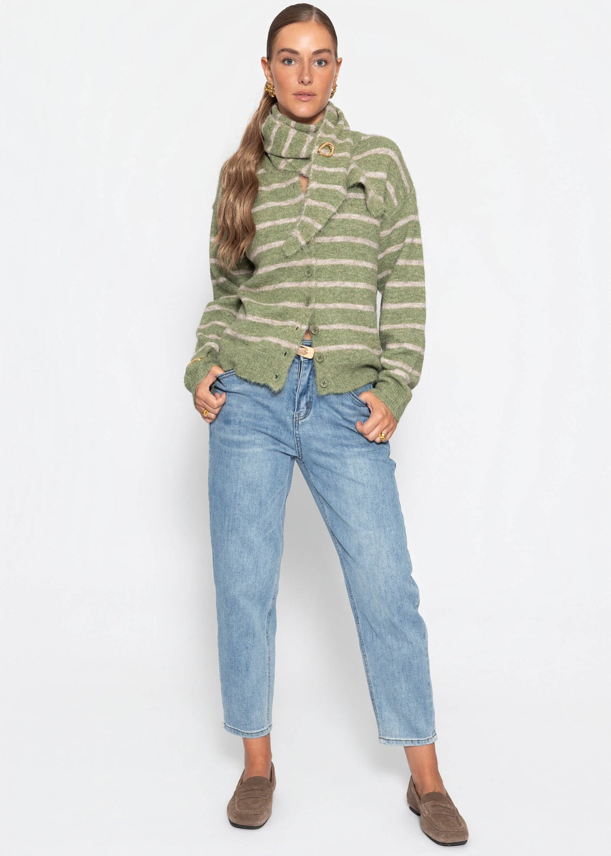 Cardigan rayé avec écharpe - kaki