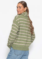 Cardigan rayé avec écharpe - kaki