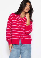 Cardigan rayé avec écharpe - rose