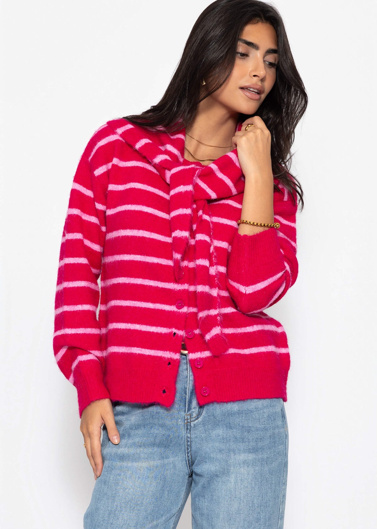 Cardigan rayé avec écharpe - rose