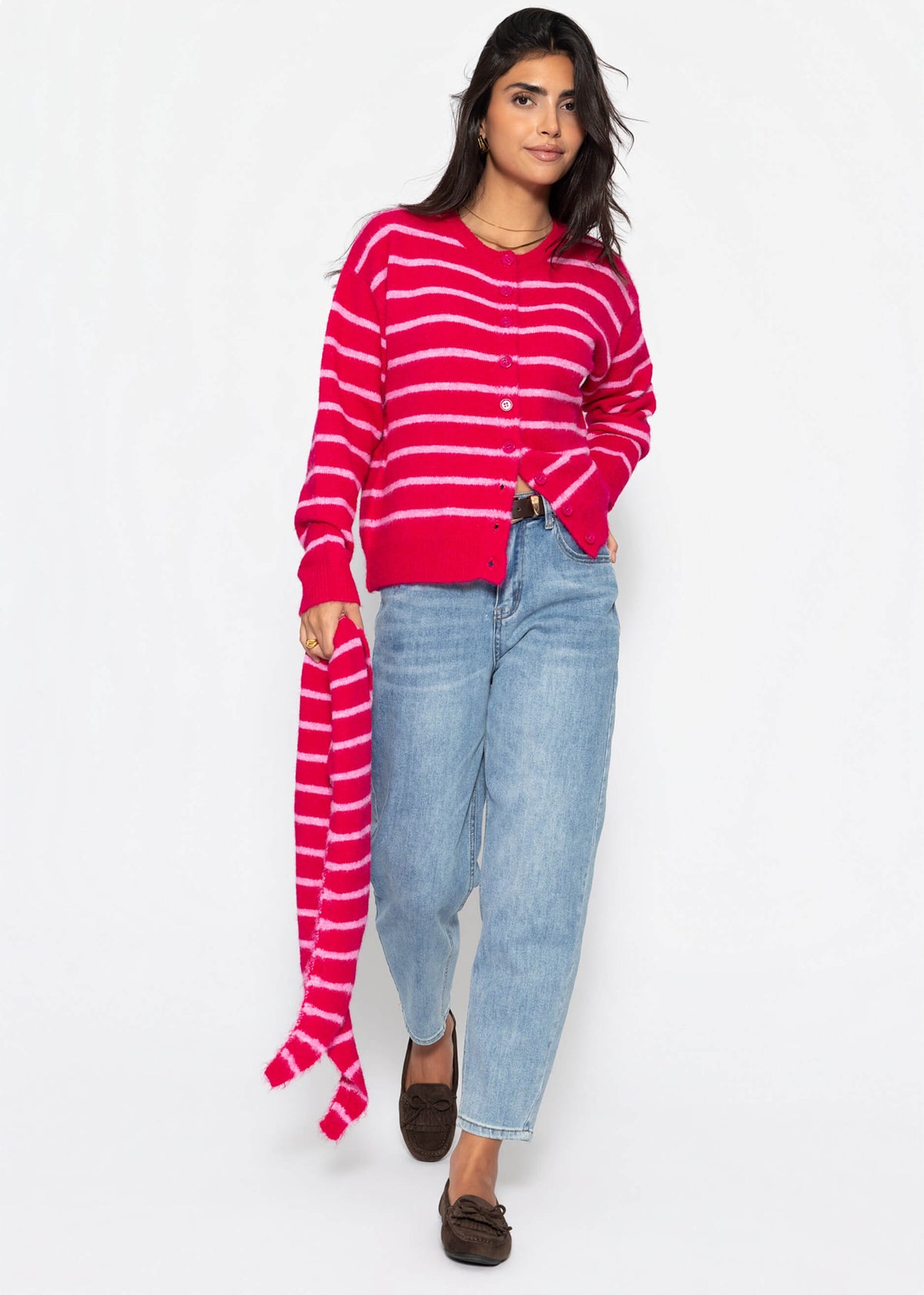 Cardigan rayé avec écharpe - rose