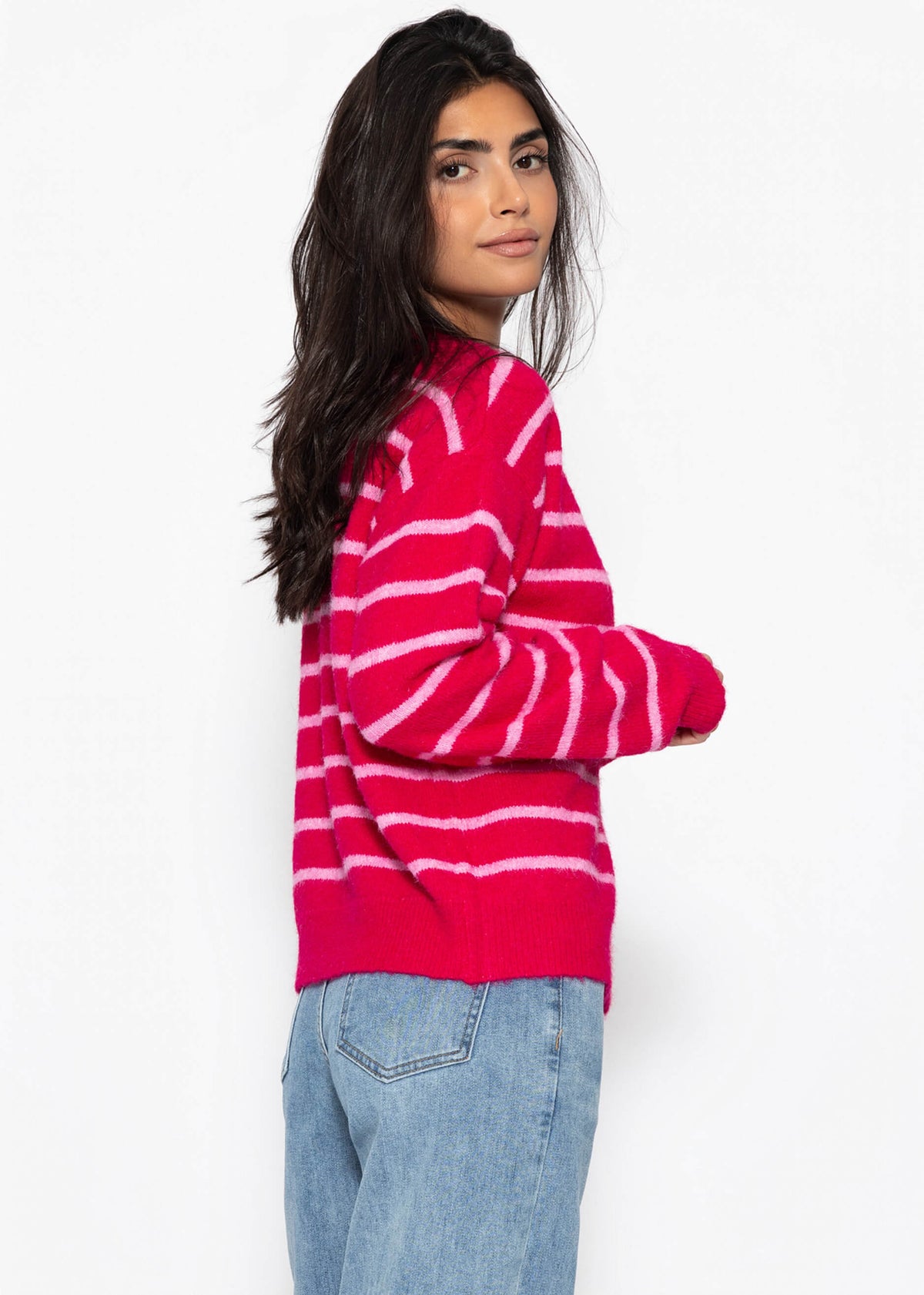 Cardigan rayé avec écharpe - rose