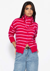 Cardigan rayé avec écharpe - rose