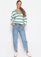 Pull rayé avec bord - pétrole-blanc cassé