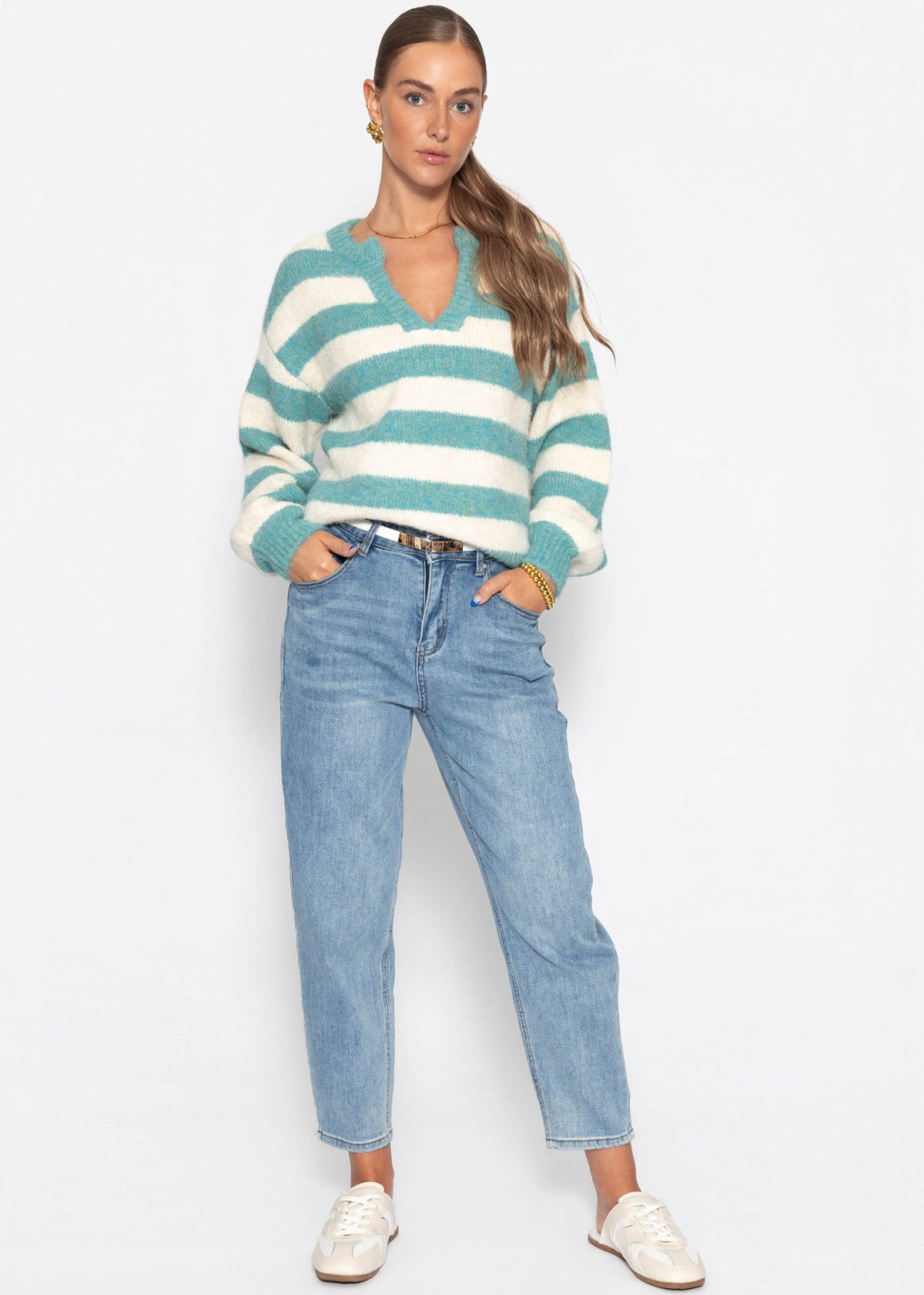 Pull rayé avec bord - pétrole-blanc cassé