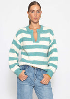 Pull rayé avec bord - pétrole-blanc cassé