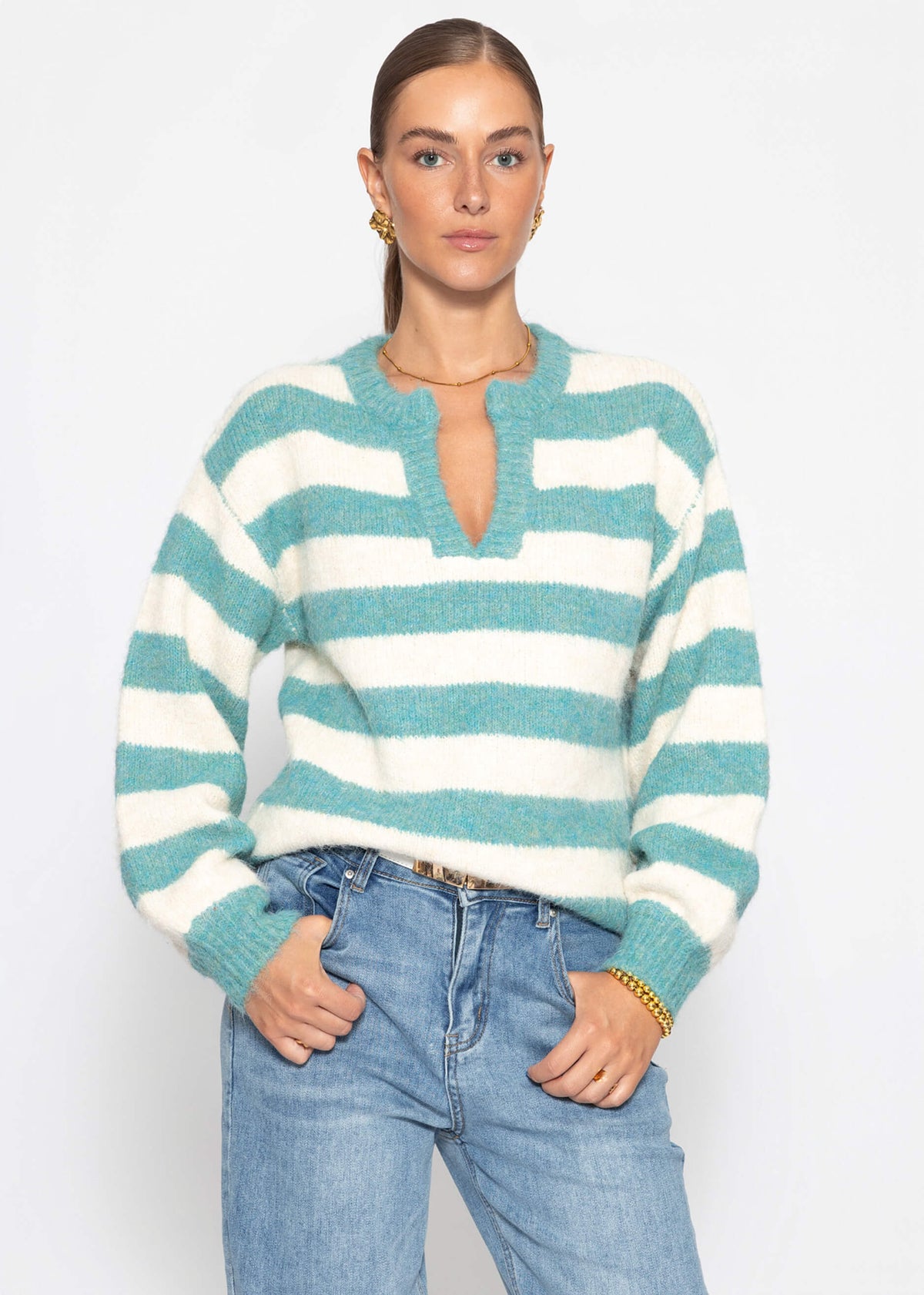 Pull rayé avec bord - pétrole-blanc cassé