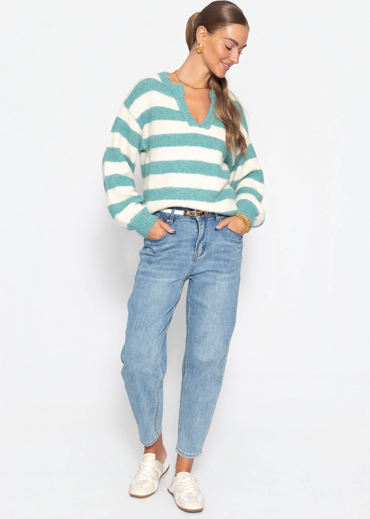Pull rayé avec bord - pétrole-blanc cassé