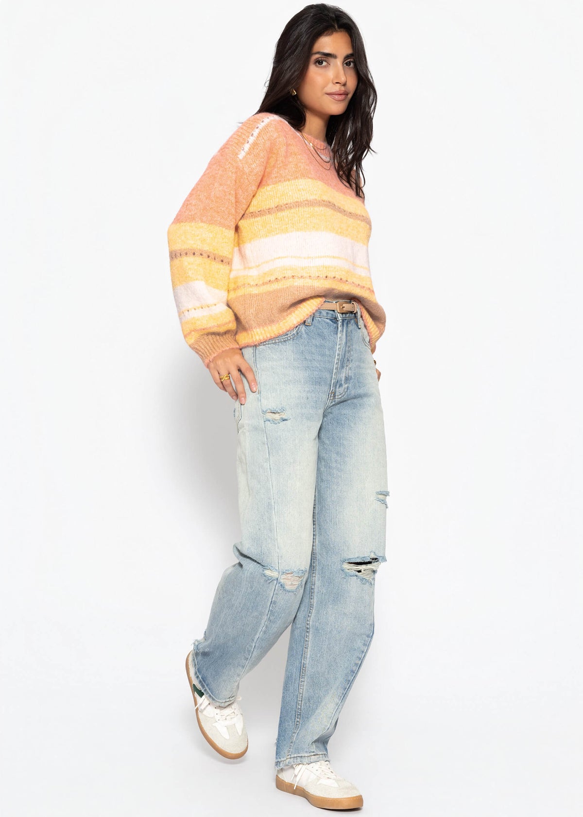 Pull rayé avec motif en dentelle - jaune