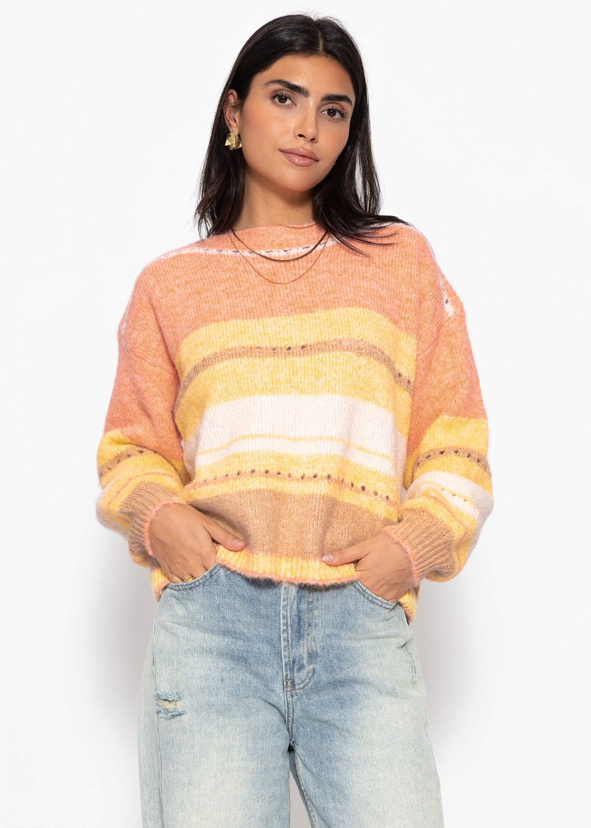 Pull rayé avec motif en dentelle - jaune