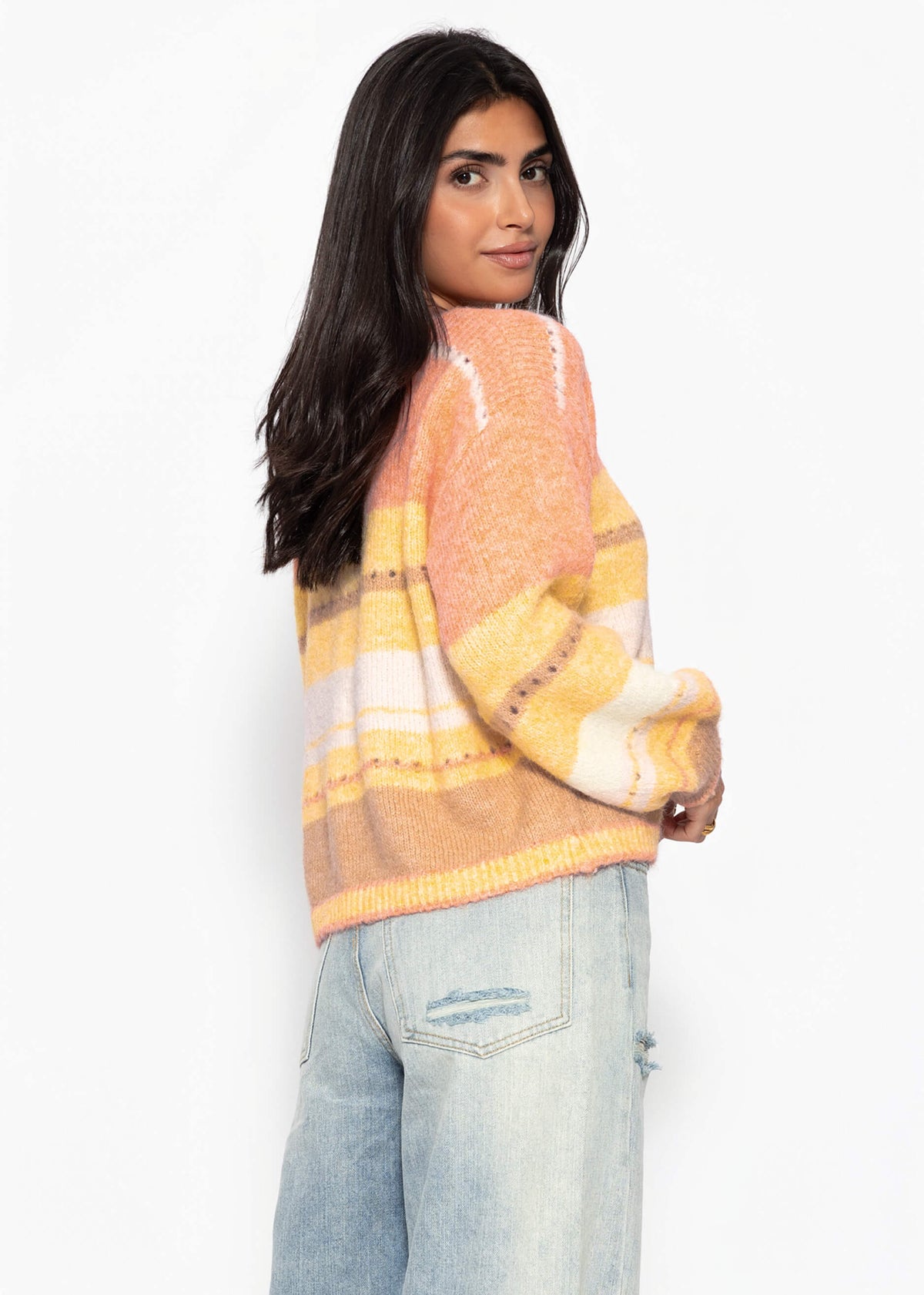 Pull rayé avec motif en dentelle - jaune