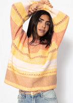 Pull rayé avec motif en dentelle - jaune