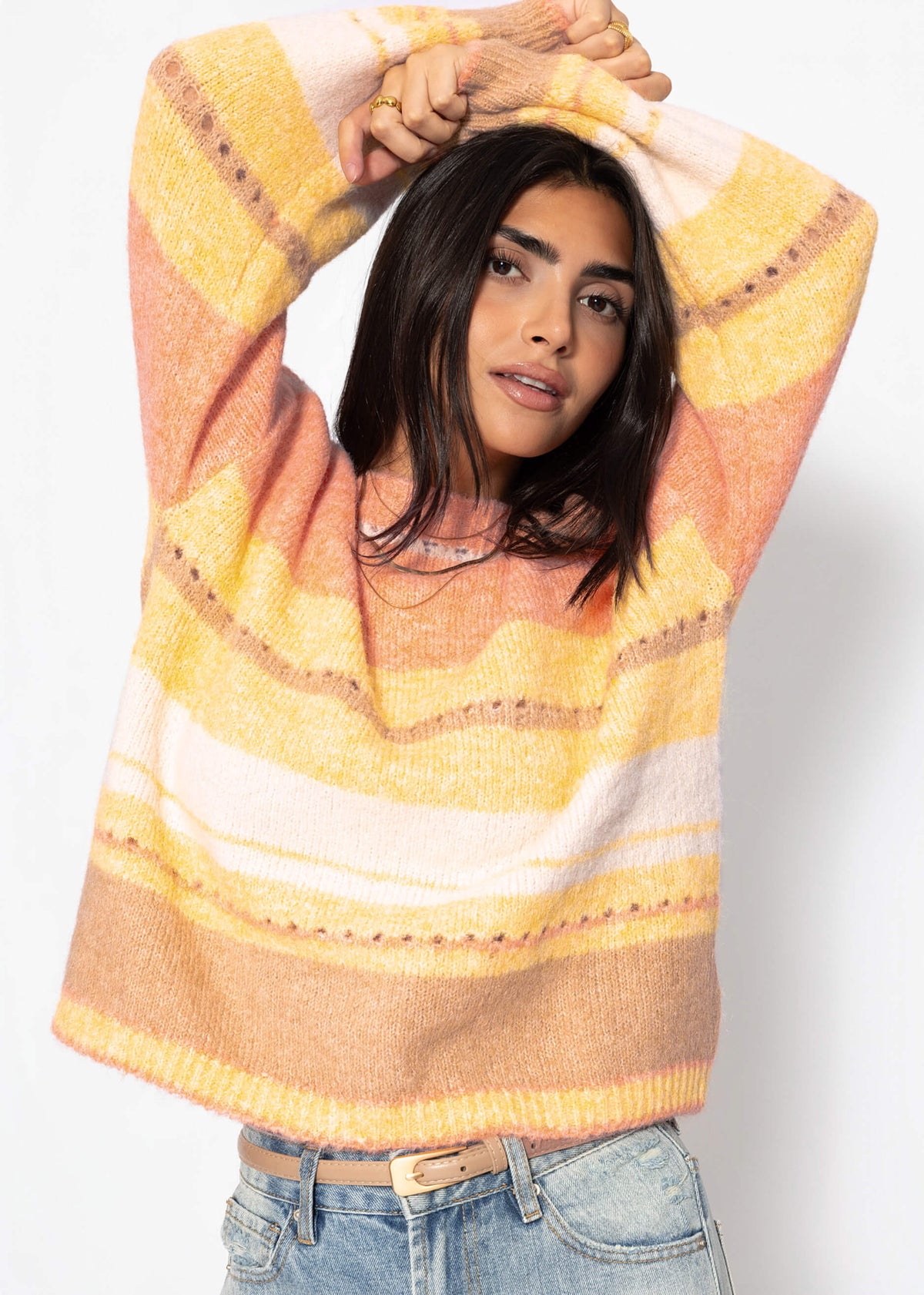 Pull rayé avec motif en dentelle - jaune
