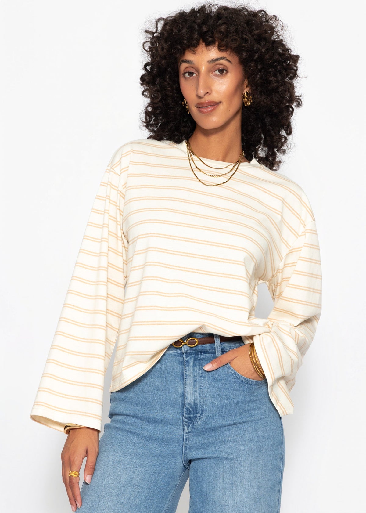 T-shirt à rayures à manches longues avec manches amples - crème