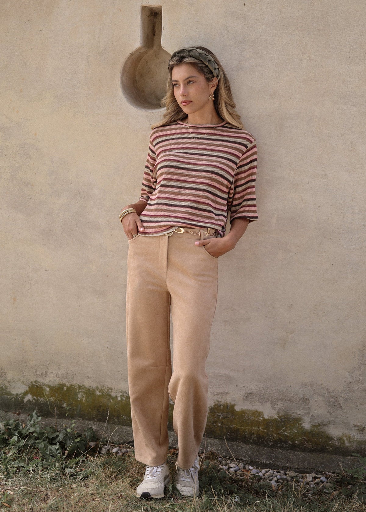 Chemise en tricot oversize rayée - rose