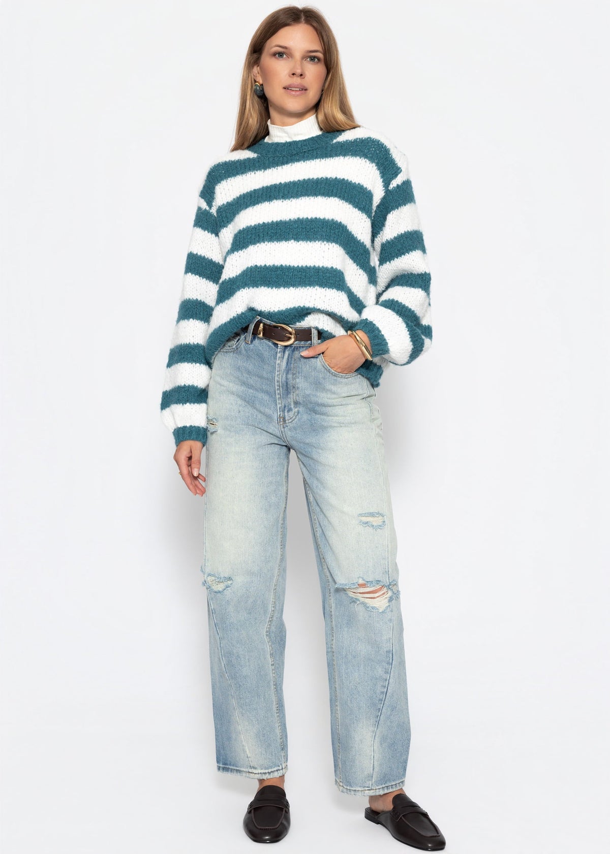 Pull en gros tricot - pétrole-blanc cassé