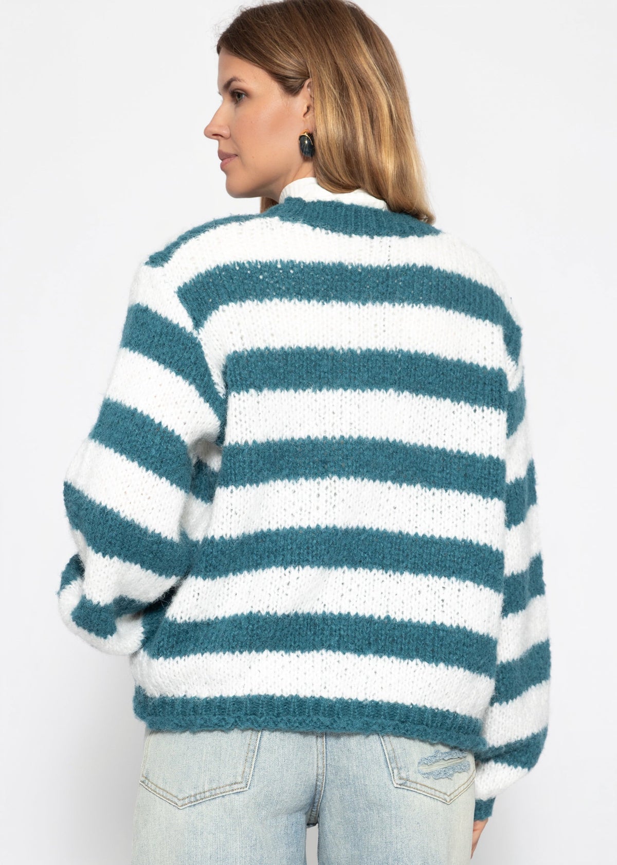 Pull en gros tricot - pétrole-blanc cassé