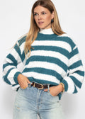 Pull en gros tricot - pétrole-blanc cassé