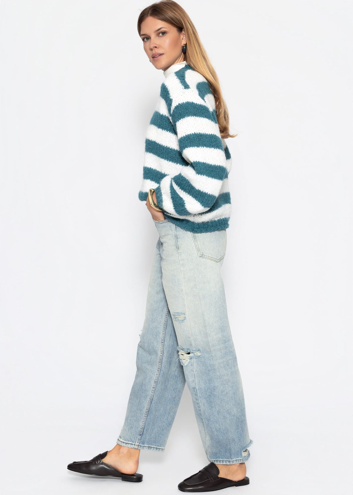 Pull en gros tricot - pétrole-blanc cassé