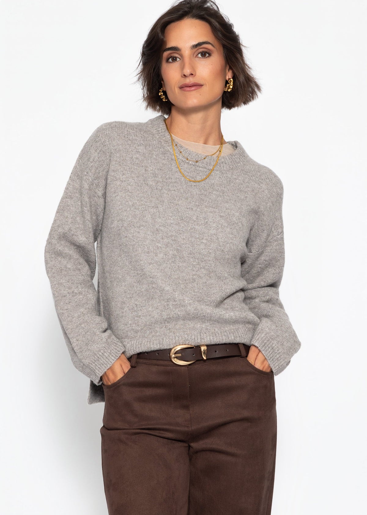 Pull classique à col rond - taupe
