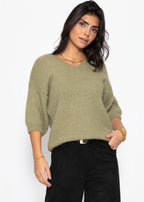 Pull en tricot à manches courtes avec décolleté en V - kaki