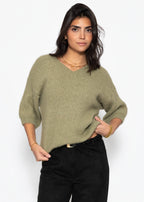 Pull en tricot à manches courtes avec décolleté en V - kaki