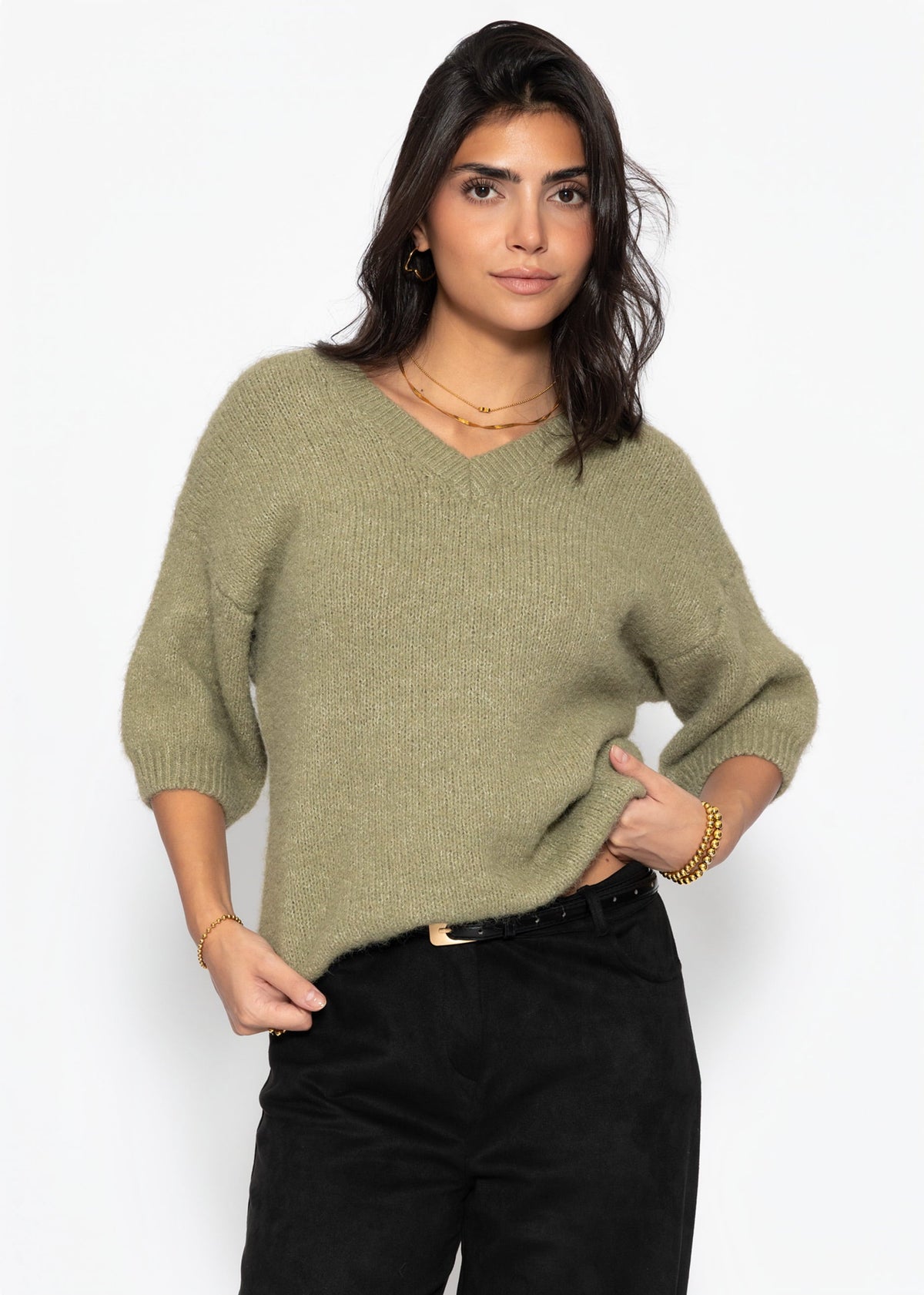 Pull en tricot à manches courtes avec décolleté en V - kaki