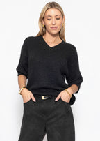 Pull en tricot à manches courtes avec décolleté en V - noir