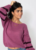 Pull en tricot court à manches rayées - baies