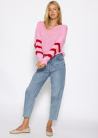 Pull en tricot court avec des manches rayées - rose