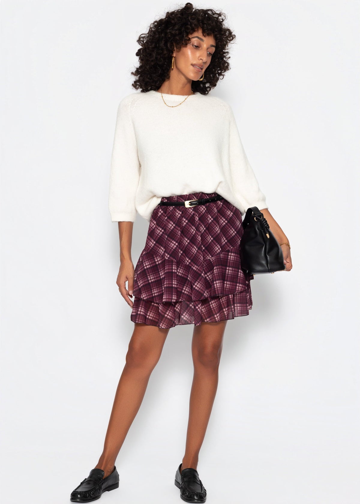 Jupe volant courte à motif tartan - prune