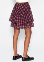 Jupe volant courte à motif tartan - prune
